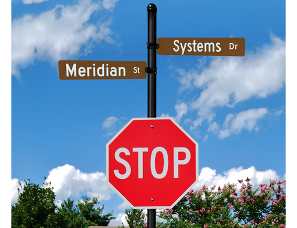 Meridian Street Name System with Street Name Signs and Stop Sign