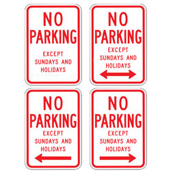 No Parking (Words) Except Sundays and Holidays with Optional Arrows Sign